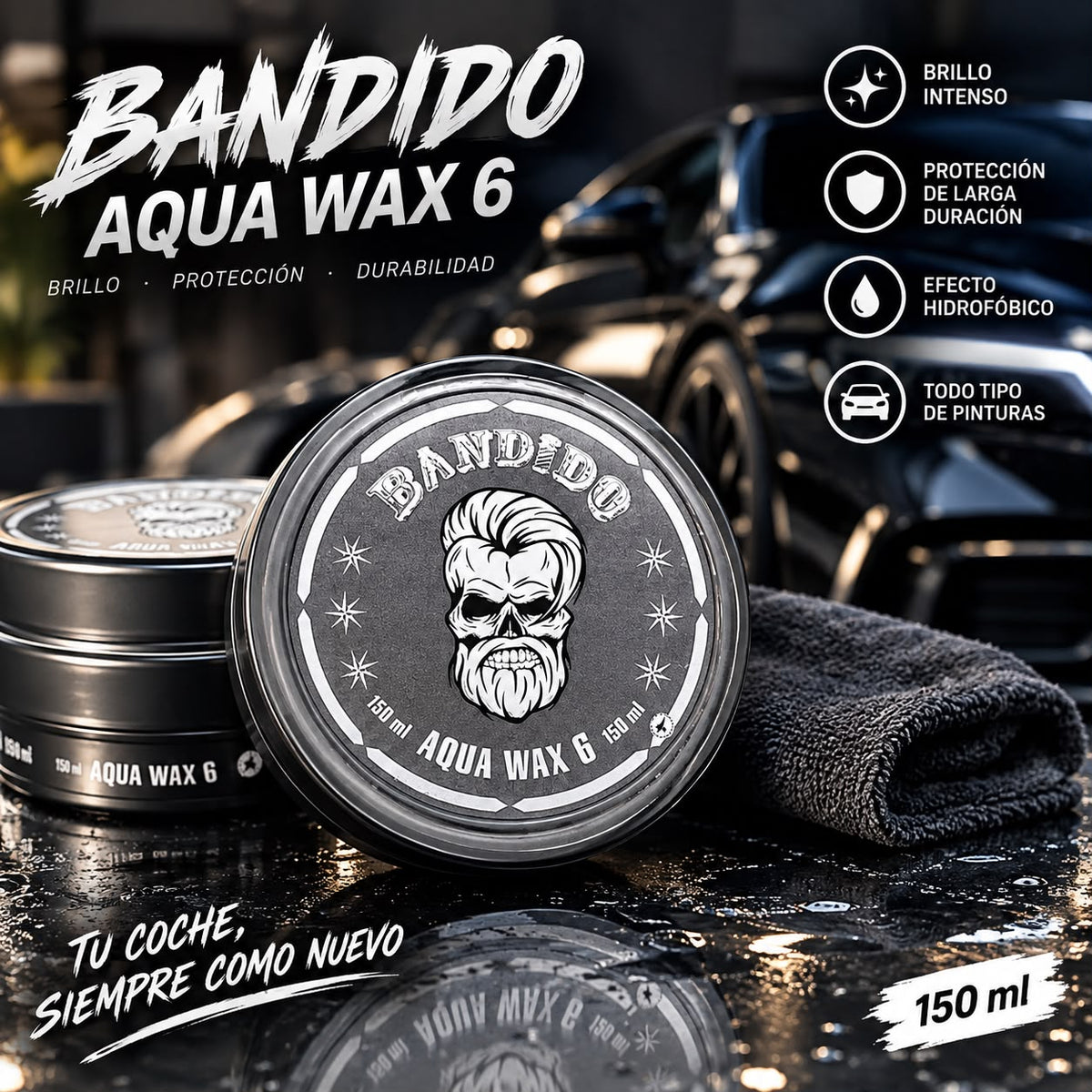 3 Bandido Cera Aqua para peinar el cabello, aspecto brillante, fijación fuerte, gris n.º 6, 150 ml